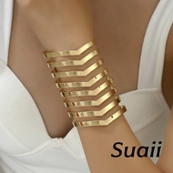 [Suaii] Gelang tangan lebar warna emas logam motif garis V model buka serbaguna aksesoris hias tanga