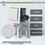 AireGard AS-6090 D2 Air Ventilation Exhaust Fan - Square/Silver AS6090D2 + 4M Wall Vent Ducting Kit