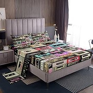 Retro Music Tape Sheet King Size Vintage Radios Bedding Set 80s Audio Cassette Bed Decor for Teens A