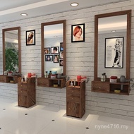 Barber Shop Hair Salon Solid Wood Mirror Mirror Table Wall Hanging Mirror Table Hair Salon Fitting M