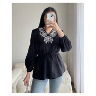 Eska Clothing - Ketty Blouse Top Linen Embroidery Korean Style Balloon Sleeves