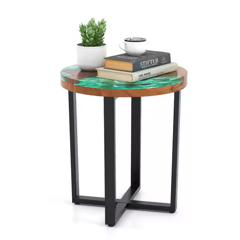 20" Round Teak Wood End Table Solid Live Edge Outdoor Side Table w/Mahogany Base