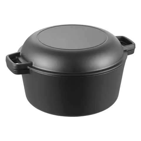 Cast Iron Dutch Oven 2-in-1 Pre-Seasoned 5 Qt Black Double Pot with Lid Handles