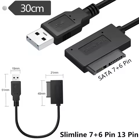 30cm USB 2.0 A Male to Slimline SATA (7P+6P) 13Pin Female Laptop External Optical Drive Box Data Cab