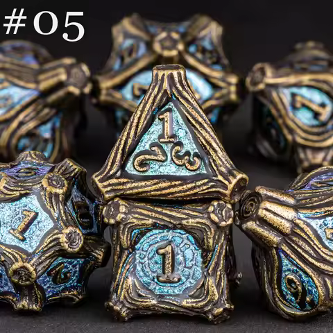 Vintage Tree Root Carving Metal Dice Set, 7Pcs Solid Polyhedral D&D Dice, Gothic Dark Forest Style R