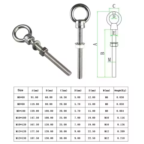 JIS1169 Long Shoulder Lifting Eye Bolt With Nut Ring Loop Hole 316 Stainless Steel M6 M8 M10 M12