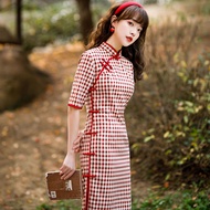 Cheongsam 2023 Student Retro Chinese Style Cheongsam Dress Cotton Linen Plaid Plus Size Cheongsam Spring Summer Improved Young Girl Mid-Length Cheongsam Dress
