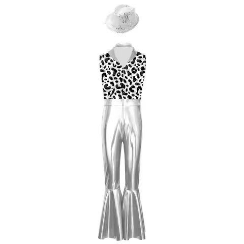 Boys 2 Pieces Disco Outfit Metallic Glossy Sleeveless Long Flare Pants Jumpsuit And Bling Bling Fedo
