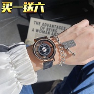 Demannie Retro Round Dial นาฬิกาสําหรับผู้ชายและผู้หญิงควอตซ์สายหนังคู่ตาราง Bubble Wrap