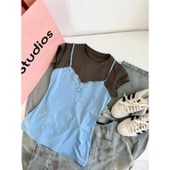 Acne Studio Lace Edge Top - Blue Sling Stitched Contrast Color Round Neck