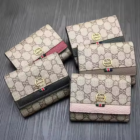 Genuine Cow Leather Short Wallet for Women Real Leather + PVC Small Purse Bank Card Holder Money Cli