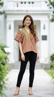 純手作大地女神橘黃彩色礦石圖騰撞色造型純棉四角衣罩衫