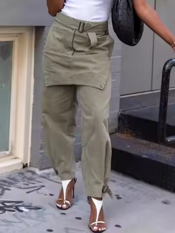 UOOZEE Women's High Street Pockets Buckle Pants Loose Solid Color Split-Joint Elastic High Waist Str