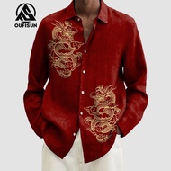 Oufisuno เสื้อผู้ชายลายมังกรเสื้อแฟชั่นแขนยาวโอเวอร์ไซส์เสื้อเชิ้ตลำลอง
