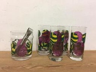 WH18087【四十八號老倉庫】全新 早期 紫花綠葉 玻璃杯 飲料杯 冰塊桶 分售 深夜食堂 咖啡廳 水杯 雜貨 復古