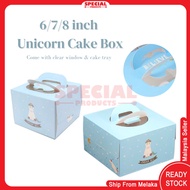 6/7/8 Inch Cute Unicorn Blue Design Cake Box With Clear Window And Handle Paper Birthday Cake Box Party Packaging Supply