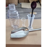 Combo of 5 mixing tools Piece: 500ml Shaker, ice scoop, 10-20ml zigzag, 100ml sharp zigzag, 10gram m