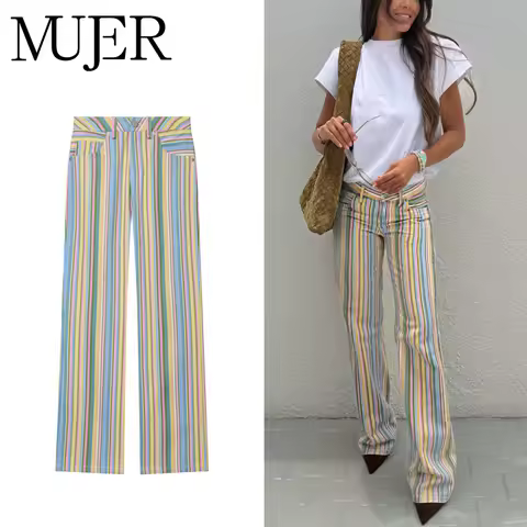 MUJER Striped Baggy Jeans Woman Low Rise Wide Leg Jeans Pants for Women New Boyfriend Jeans Women St