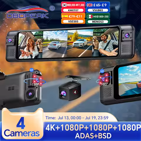 OBDPEAK 4CH 11 Inch 4K+1K+1K+1K Rearview Mirror Dash Cam With ADAS BSD WiFi Night Vision 24H Parking