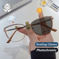 Photochromic Anti Radiation Reading Glasses For Women Men Stainless Steel Cat Eyes Alloy Eyeglasses 