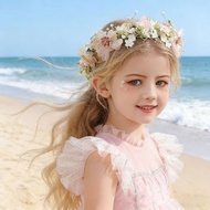 Golden Flower Girl Headpiece Floral Crown With Faux Pearl Hair Accessories for Baptism