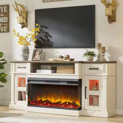 3-Side LED TV Stand Electric Fireplace 80in Farmhouse Console Drawers Cabinets Living Room Antique W