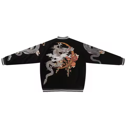 Men's Souvenir Jacket Dragon Embroidery Sukajan Bomber Jacket Chinese Streetwear Heavy Embroidered C