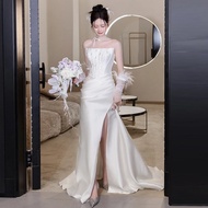 เรียบหรู ผ้าซาติน งานแต่งงานแบบเบา เดรส พรางหุ่น เอว เจ้าสาวหางปลา ชุดราตรี ผ้าคลุมหน้ารับจัดงานแต่ง