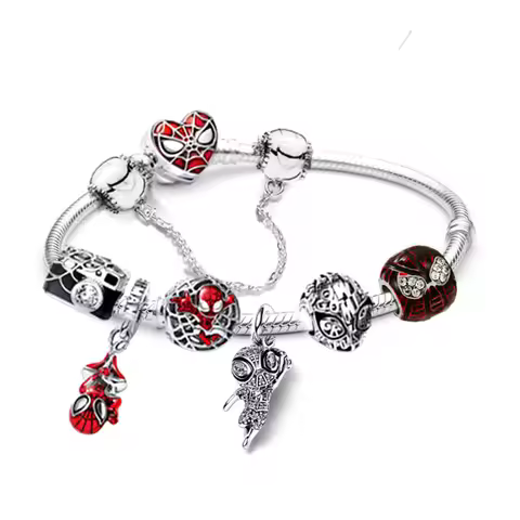 Disney Red Enamel Spider-Man Bracelet Women DIY Jewelry For Men Marvel Superhero Dangle Peter Parker