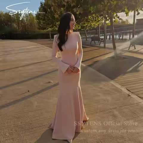SSYTENS Customized Mermaid Prom Dresses Arabia Pink Long Sleeves Evening Dresses Women Wedding Party