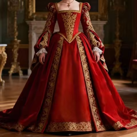 Medieval Victorian Tudor Period Royal Queen Red Dress Gold Lace Renaissance Tudor Elizabethan Costum