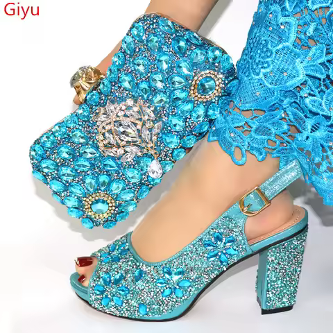 doershow Italian sky blue Shoes with Matching Bags Sets Decorated with Rhinestone Women Shoes and Ba