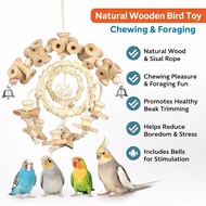 Natural Wooden Bird Toy Hanging Chew Foraging Toy w/ Bells for Parrot Cockatiel Budgie