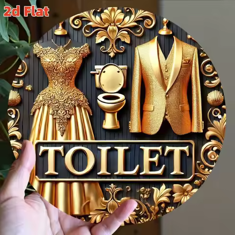 Toilet Aluminum Wall Art - 7.8" Round 2D Flat Metal Sign, HD Print Golden & Black Floral, Durable De