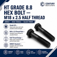 M18 X 2.5 HT Grade 8.8 Hex Bolt DIN931 Half Thread High Tensile Bolt Black