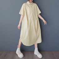 XITAO Patchwork Print Stripe Pullover Dress Turn-down Collar A-line Casual Half Sleeve Leisure Summ