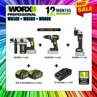 WORX 20V WU962 Package 3 In 1 Combo BL Rotary Hammer+ Impact Drill + BL Angle Grinder (WU388+WU369+W