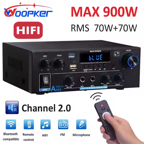 WOOPKER AK55 900W Sound Amplifier Hifi Stereo Bluetooth 5.0 Digital Audio Amplifier 70W+70W Subwoofe