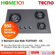 Tecno Glass Cooker Hob 3 Burners T23TGSV - Ceran Grey - LPG / PUB - FREE INSTALLATION