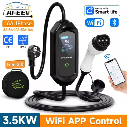 AFEEV Portable EV Charger Type2 IEC62196-2 EVSE Fast Charging Cable Type1 SAE J1772 Wallbox WiFi APP
