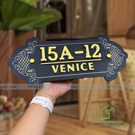 VinHomes model HOUSE NUMBER PLATE, Black Decan-rolled Mica background with printed patterns. Embosse
