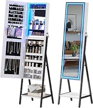 HNEBC LED Mirror Jewelry Cabinet Standing, Lockable Jewelry Armoire Organizer Full Length Mirror with Storage, Adjustable Lights Jewelry Mirror for Women's Christmas Gifts (White)