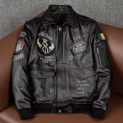 2025 New Spring Men's Genuine Leather Jacket Embroidery Bomber Cowhide Air Force Jacket Motorcycle L