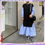 Oladivi 3/4 Sleeve Faux Two Pieces Striped Dress for Women Spring Autumn New Casual Loose Long Dress