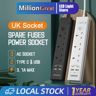 [With Gift]UK PLUG 3/4/5/6 Gang Extension Power Socket with USB+Type-C+Spare Fuse Extension Cord Spare Fuse(2Meters Cable)