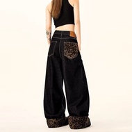 Autumn Winter American Leopard Print Stitching Men Women Cuffed Wide-Leg Loose All-Match Drape Casua