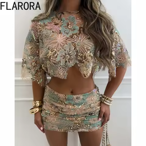 FLARORA Luxury Embroidery Sequined 2pcs Sets Woman O Neck Half Sleeve Irregular Crop Top And Skirts 