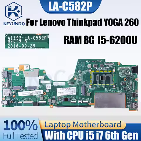 For Lenovo ThinkPad YOGA 260 Notebook Mainboard LA-C582P 01LV849 01LV861 01LV866 i5 i7 6th Gen RAM 8