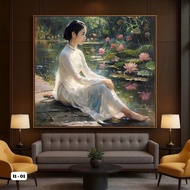 Wall painting of a girl in ao dai next to a lotus flower art 70 x 70 cm