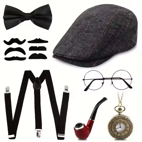 Set of 7, 1920s Men's Gatsby Costume Accessories, Elegant Polyester Mafia Gang Costume, Panama Hat, 